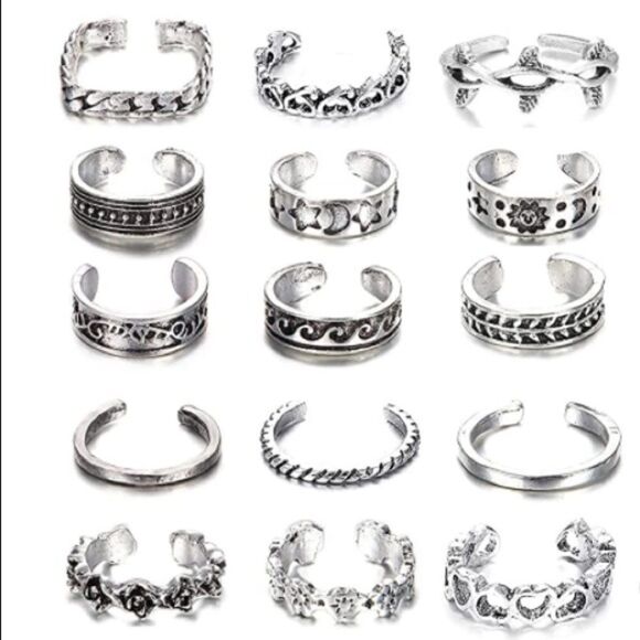 Silver Adjustable Boho Open Toe Rings - Set of 54 - Picture 2 of 9